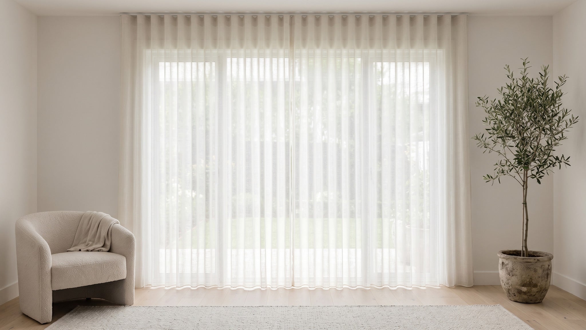 Odin Sheer Curtain in Porcelain, S-fold on a ceiling track