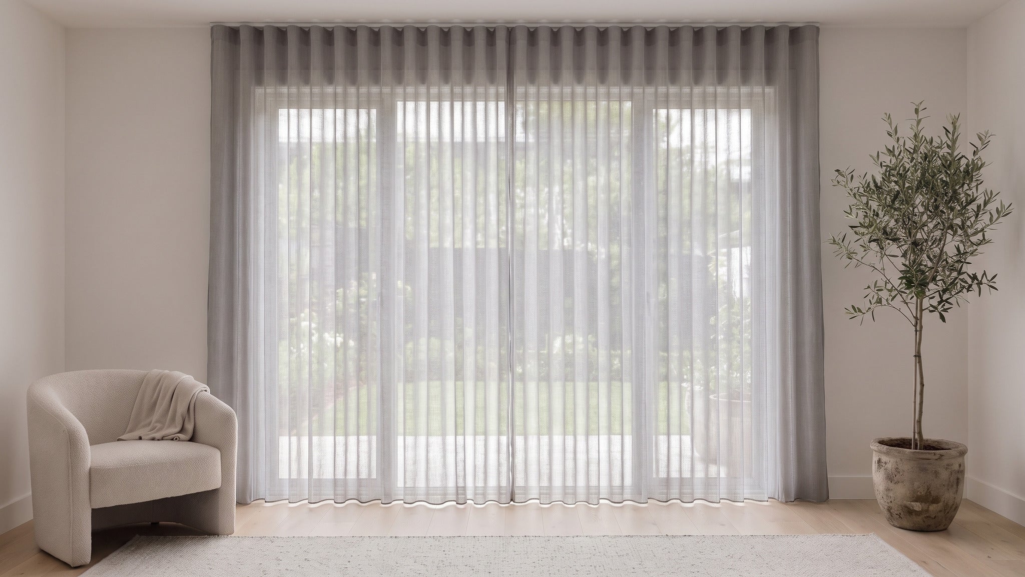 Odin Sheer Curtain in Quarry, S-fold on a ceiling track