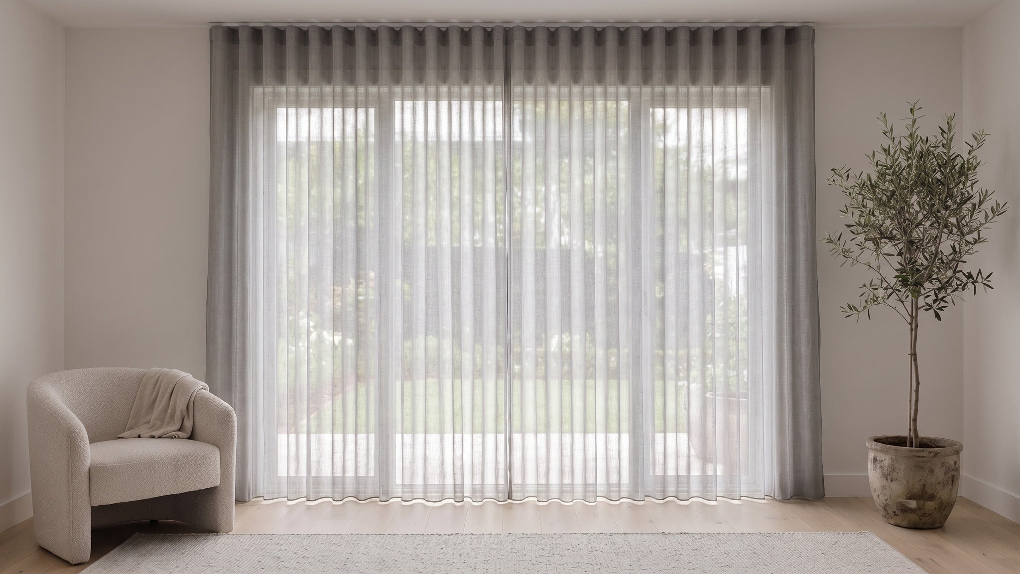 Odin Sheer Curtain in Shadow, S-fold on a ceiling track