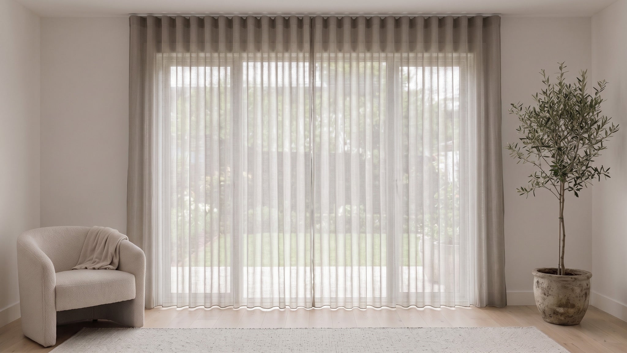 Odin Sheer Curtain in Stone, S-fold on a ceiling track