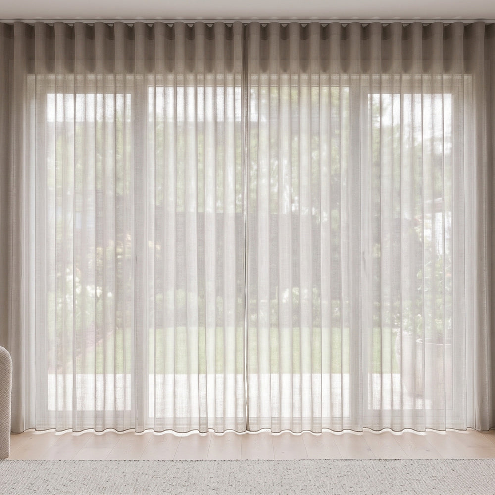 Odin Sheer Curtain in Stone, S-fold on a ceiling track