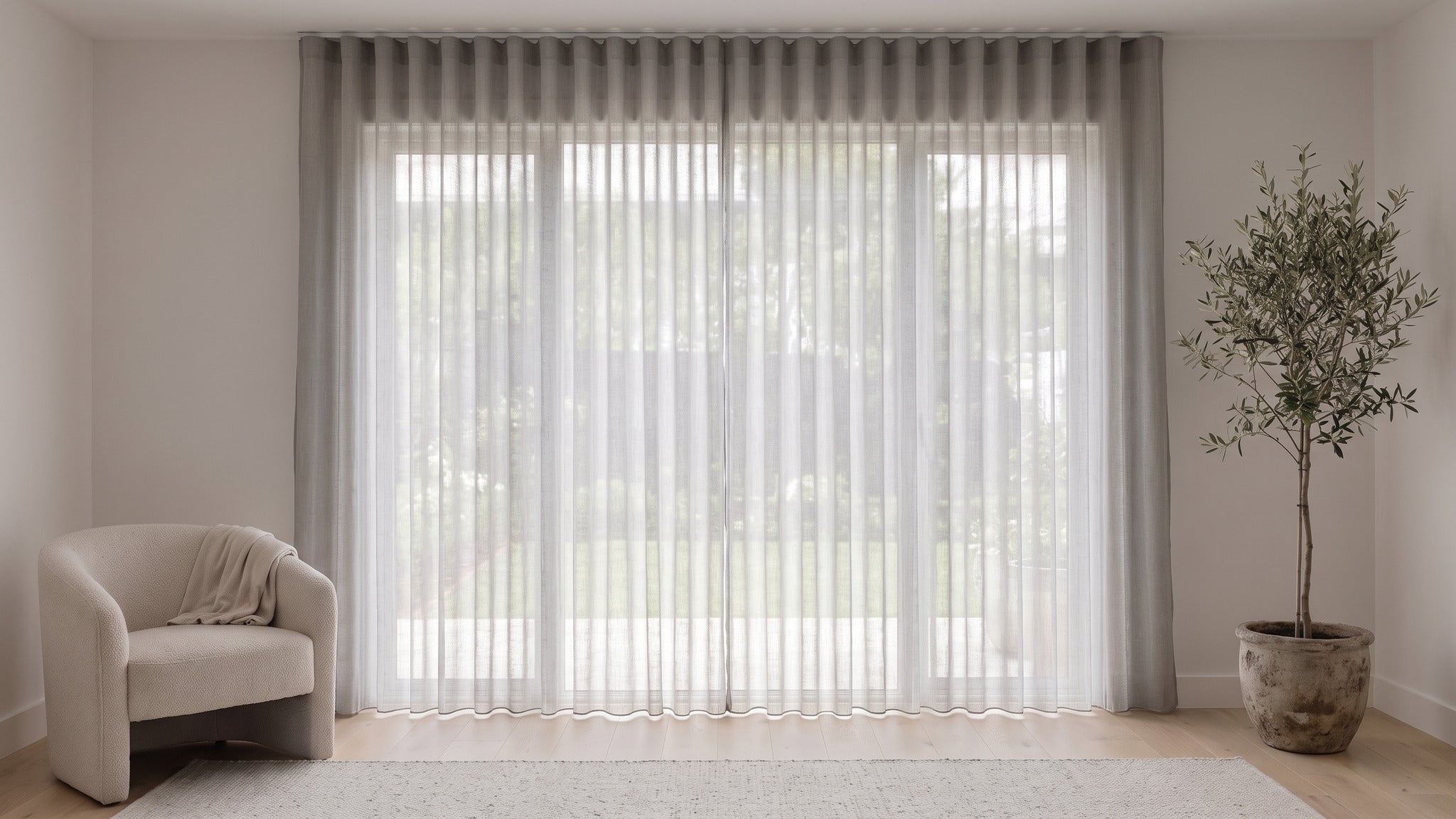 Odin Sheer Curtain in Storm, S-fold on a ceiling track