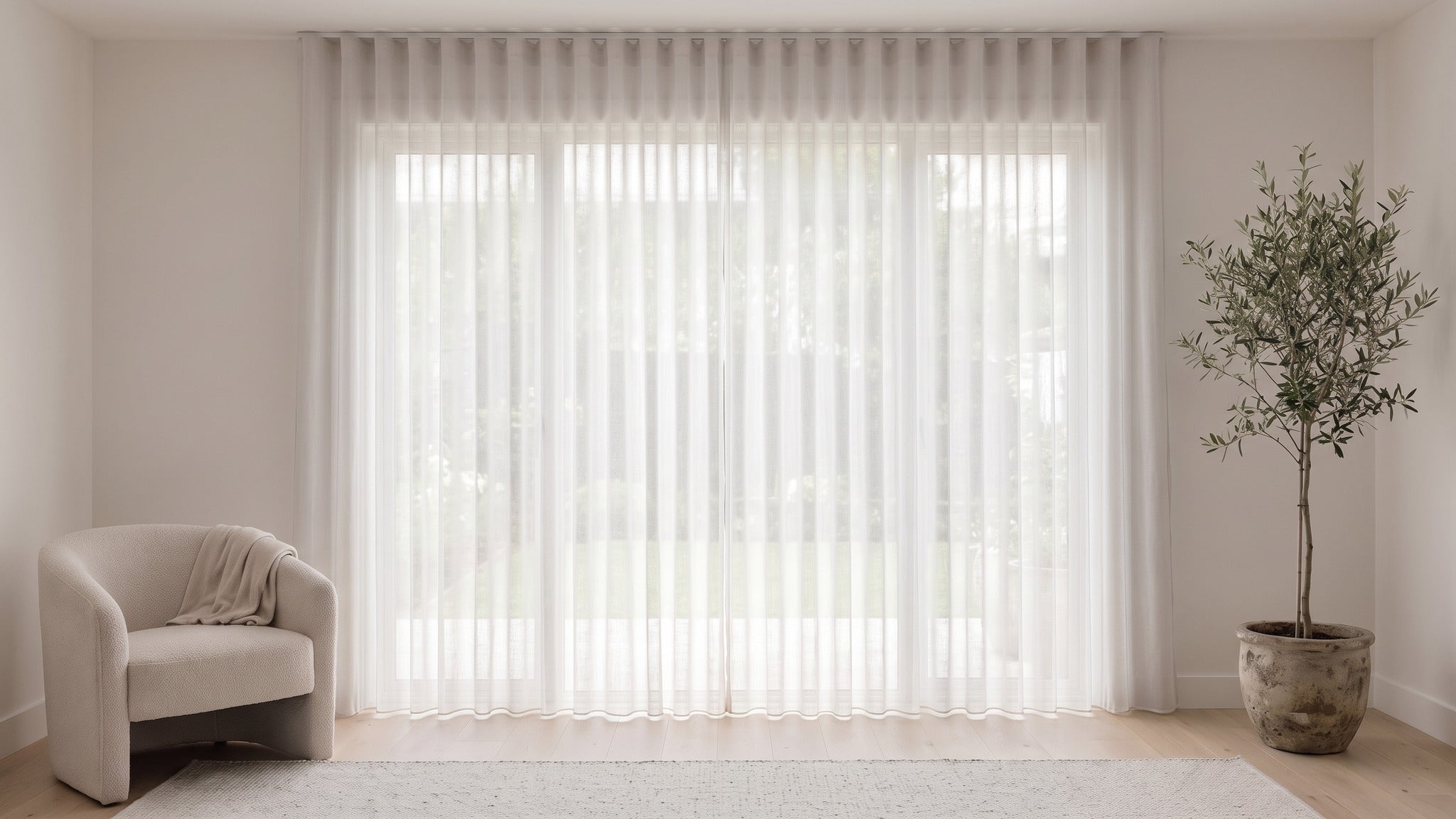 Odin Sheer Curtain in White, S-fold on a ceiling track