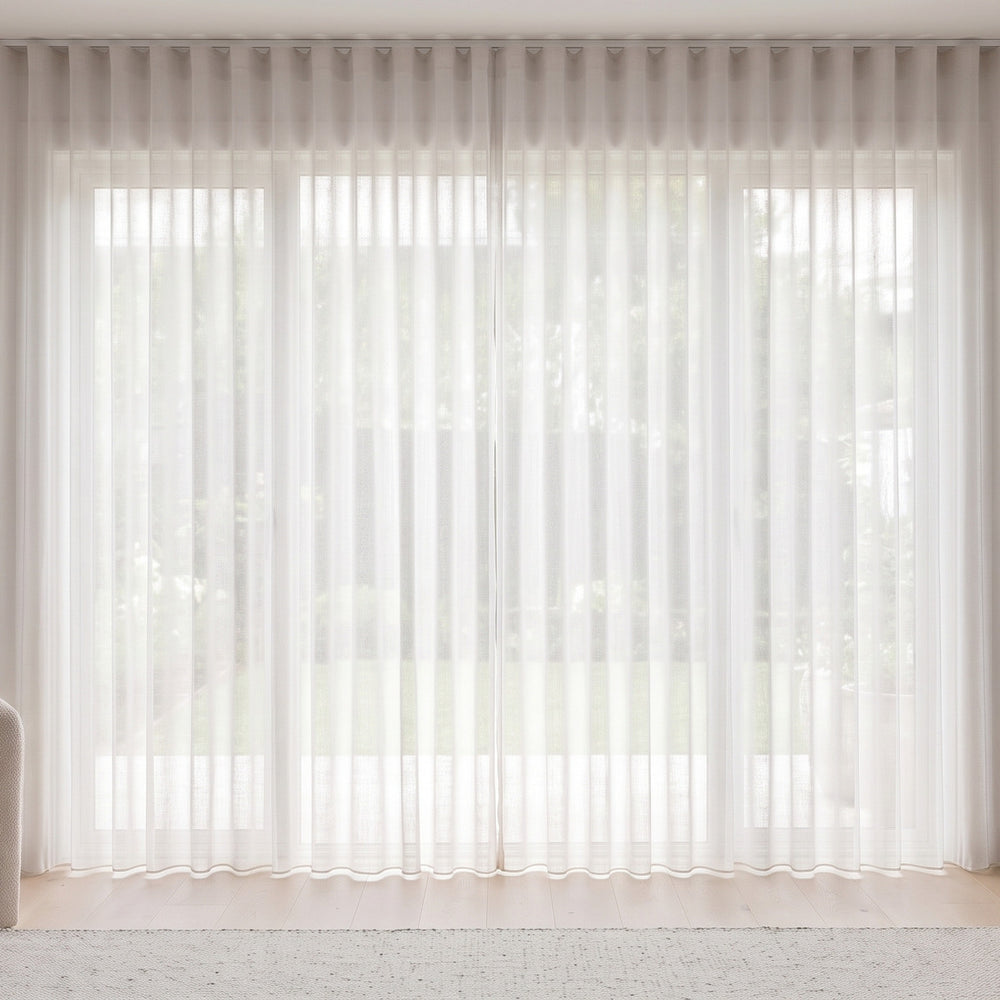 Odin Sheer Curtain in White, S-fold on a ceiling track