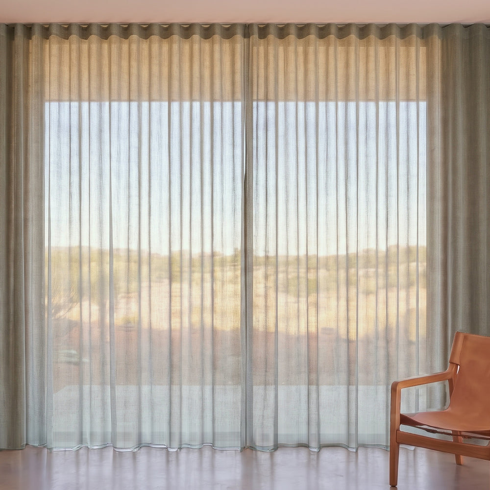 Pilbara Sheer Curtain in Bronze, S-fold on a ceiling track