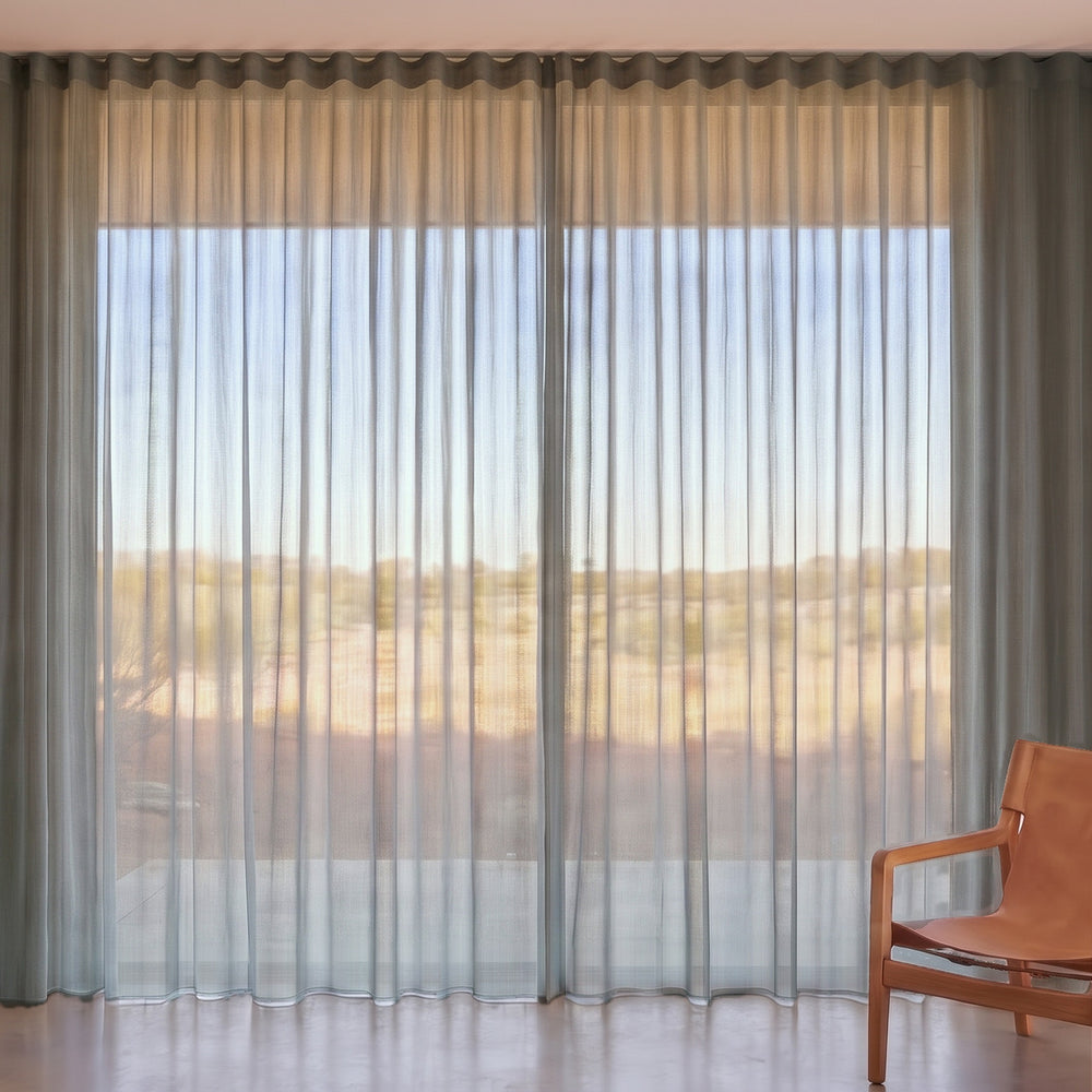 Pilbara Sheer Curtain in Flint, S-fold on a ceiling track