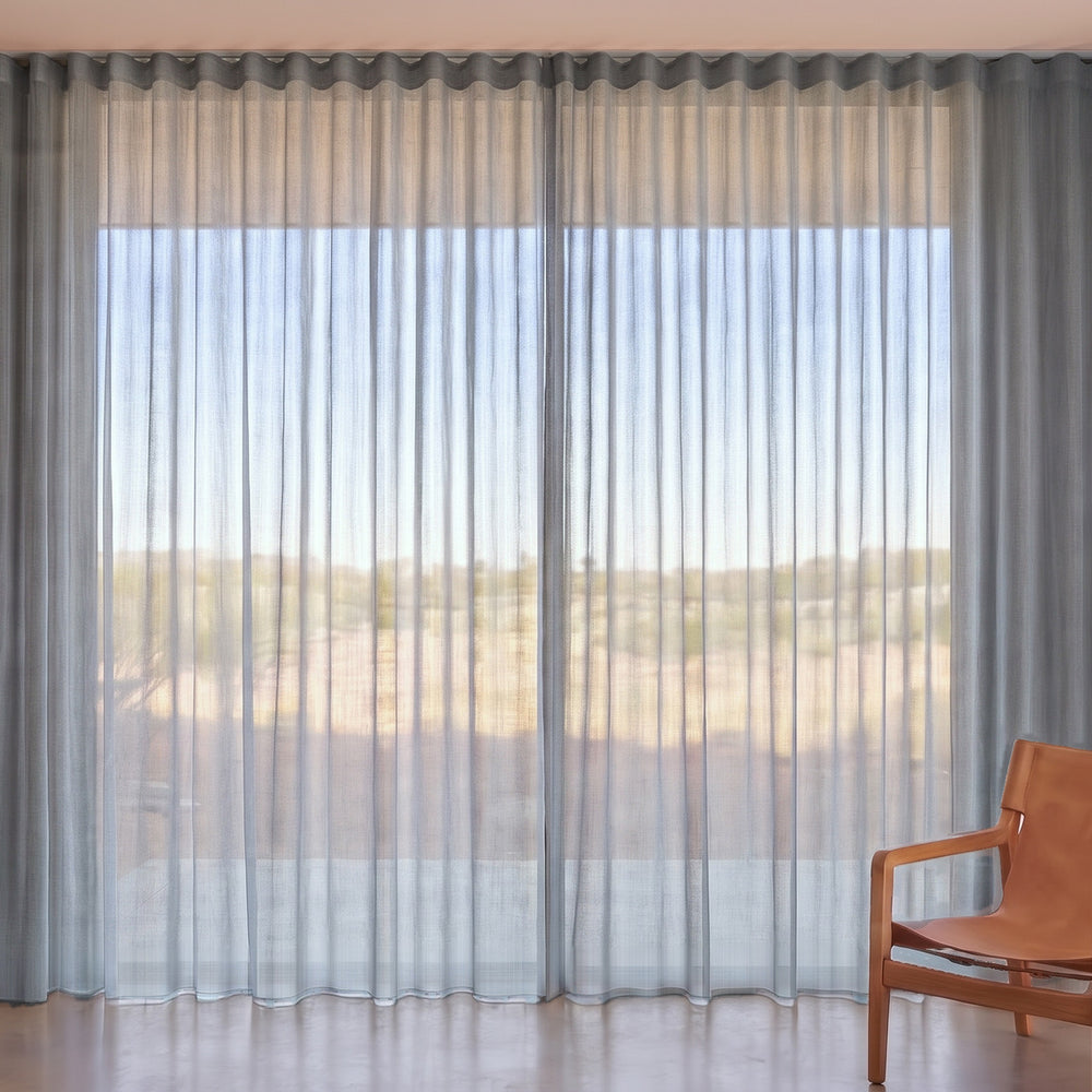 Pilbara Sheer Curtain in Granite, S-fold on a ceiling track