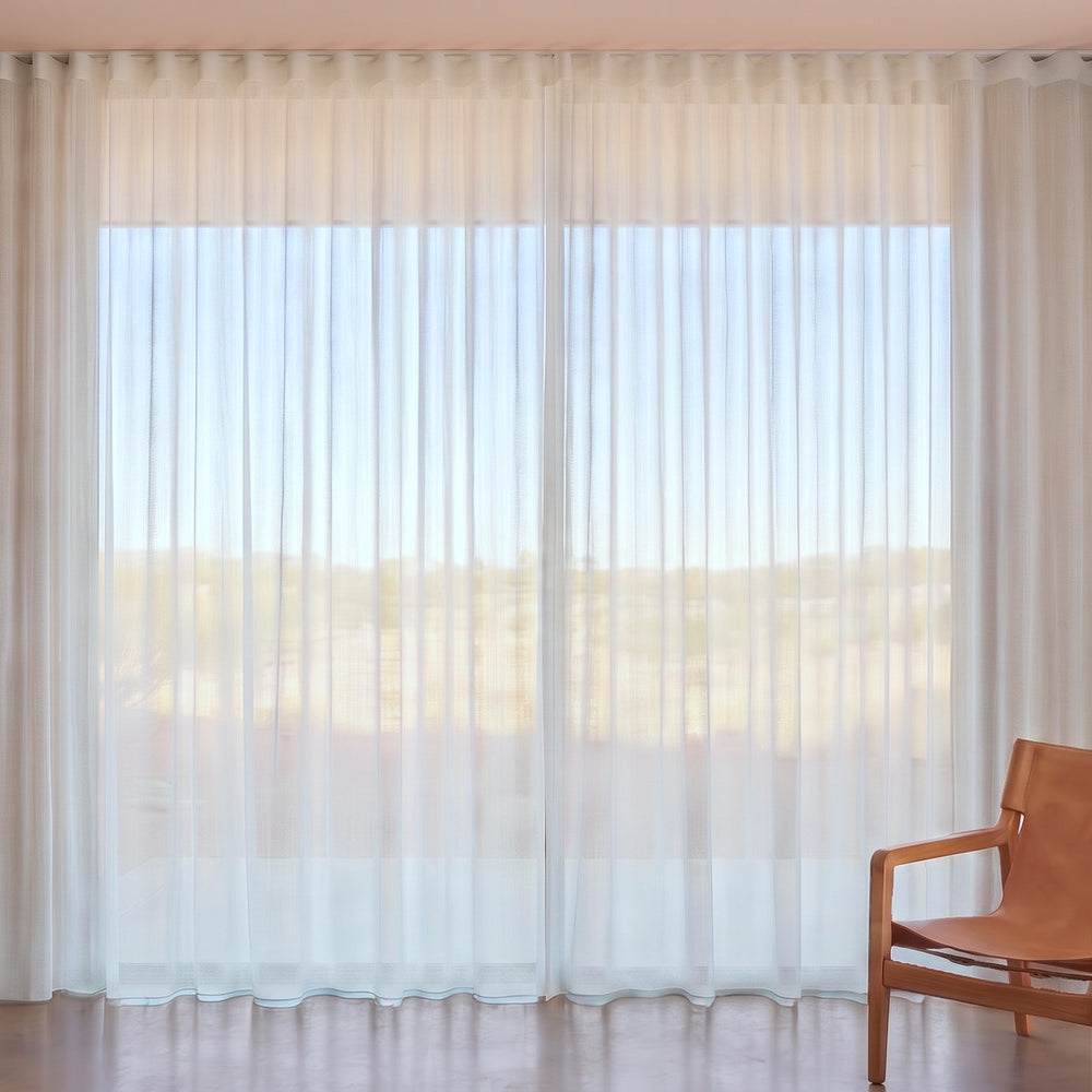 Pilbara Sheer Curtain in Ice, S-fold on a ceiling track