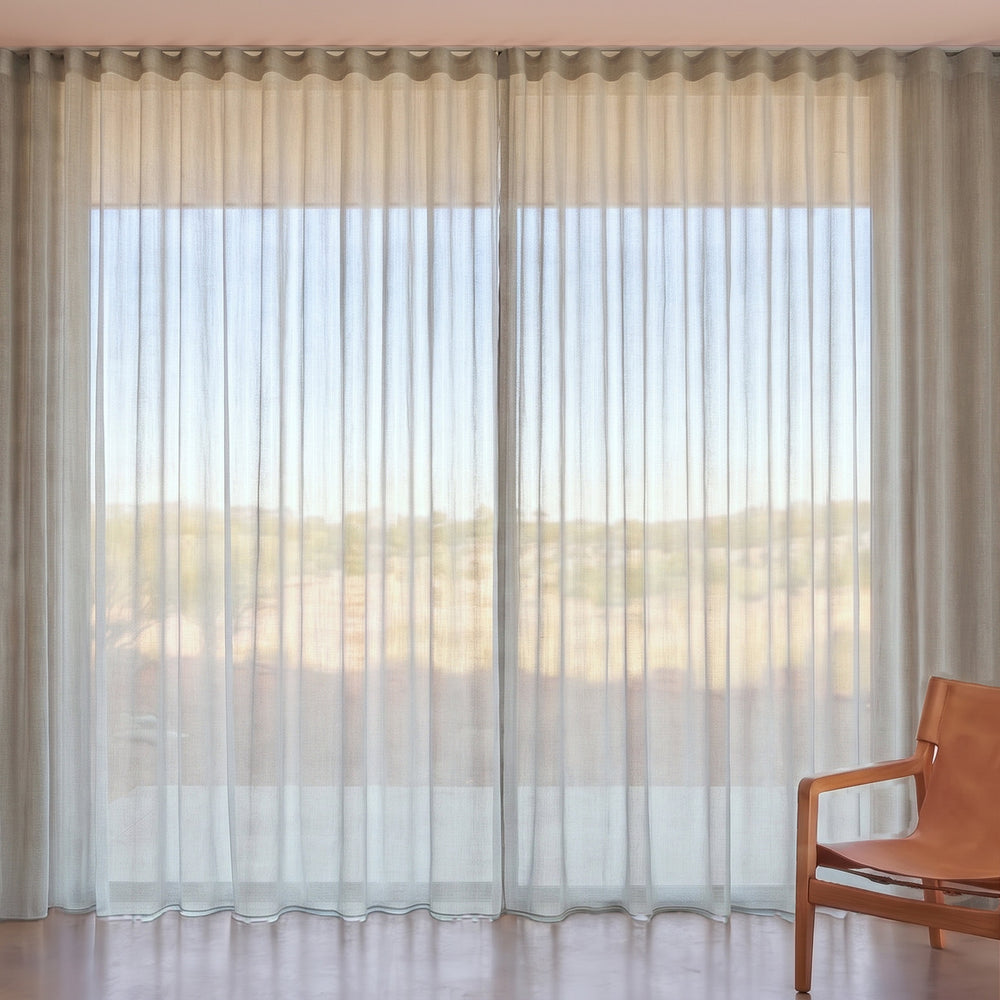 Pilbara Sheer Curtain in Parchment, S-fold on a ceiling track