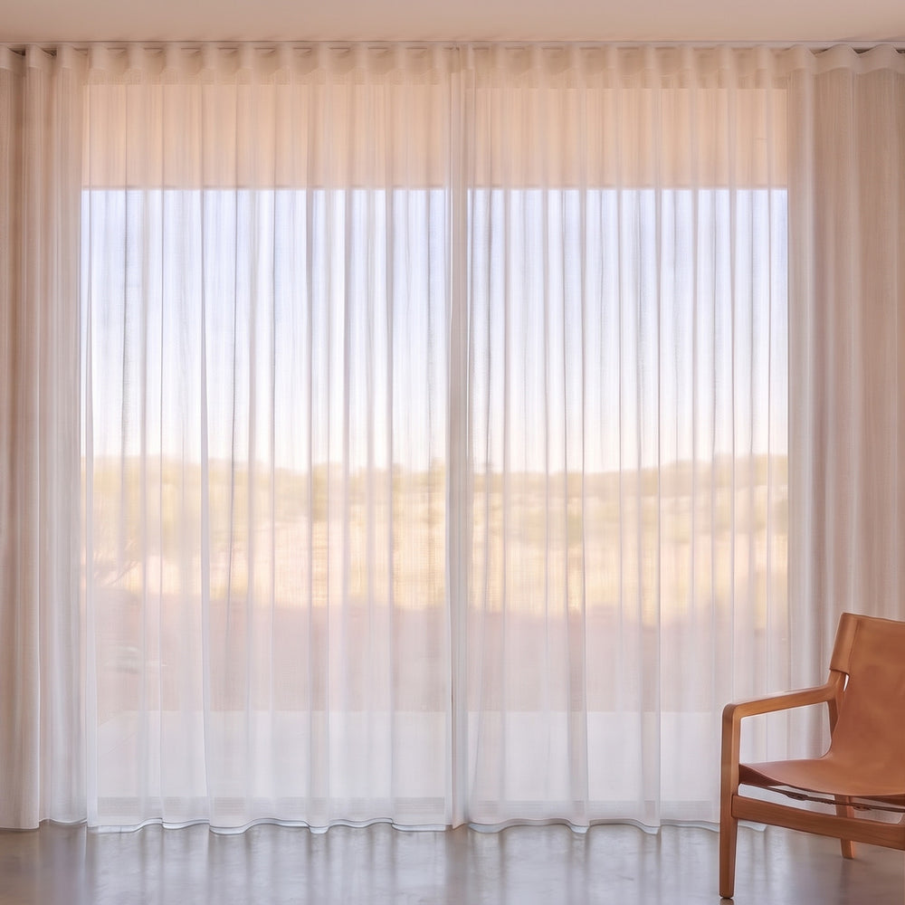 Pilbara Sheer Curtain in Quartz, S-fold on a ceiling track