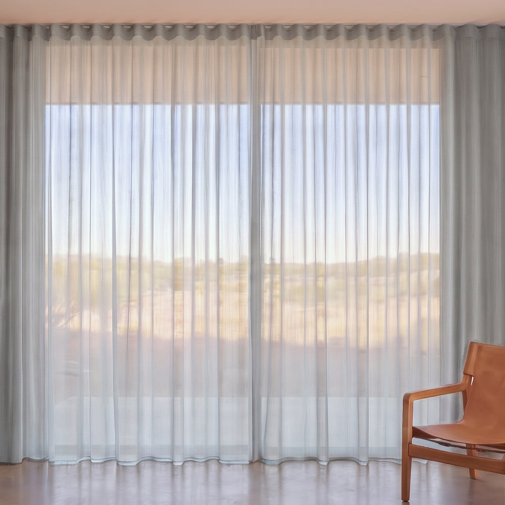 Pilbara Sheer Curtain in Stone, S-fold on a ceiling track