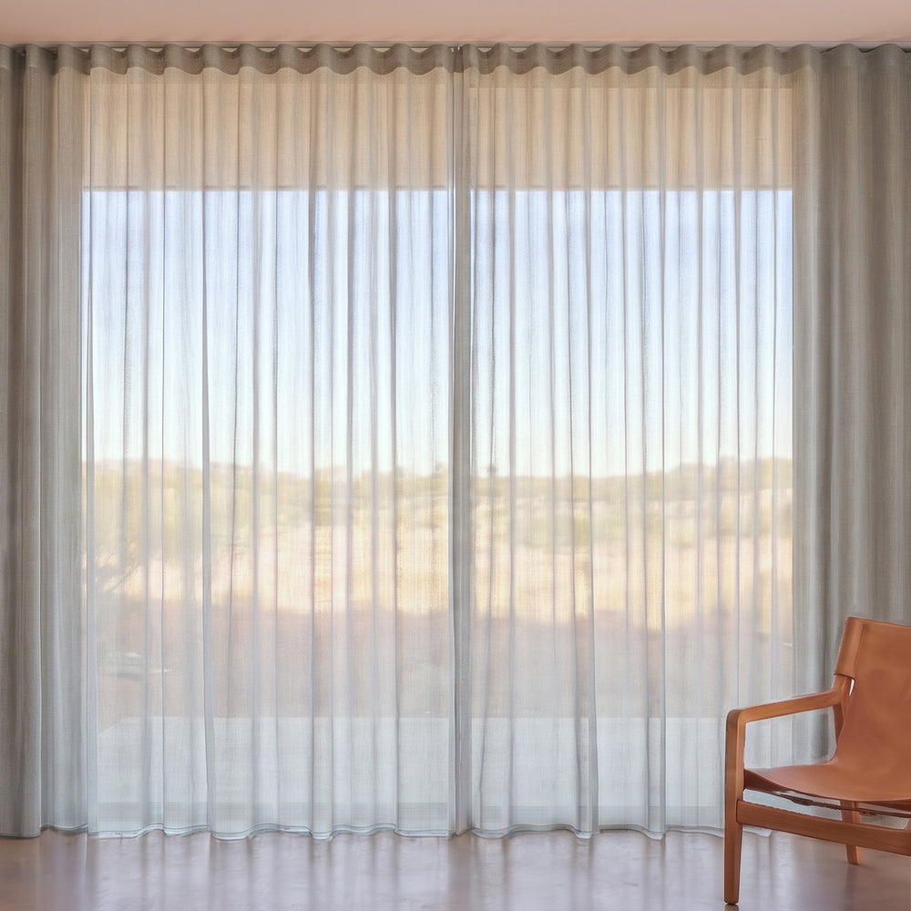 Pilbara Sheer Curtain in Taupe, S-fold on a ceiling track