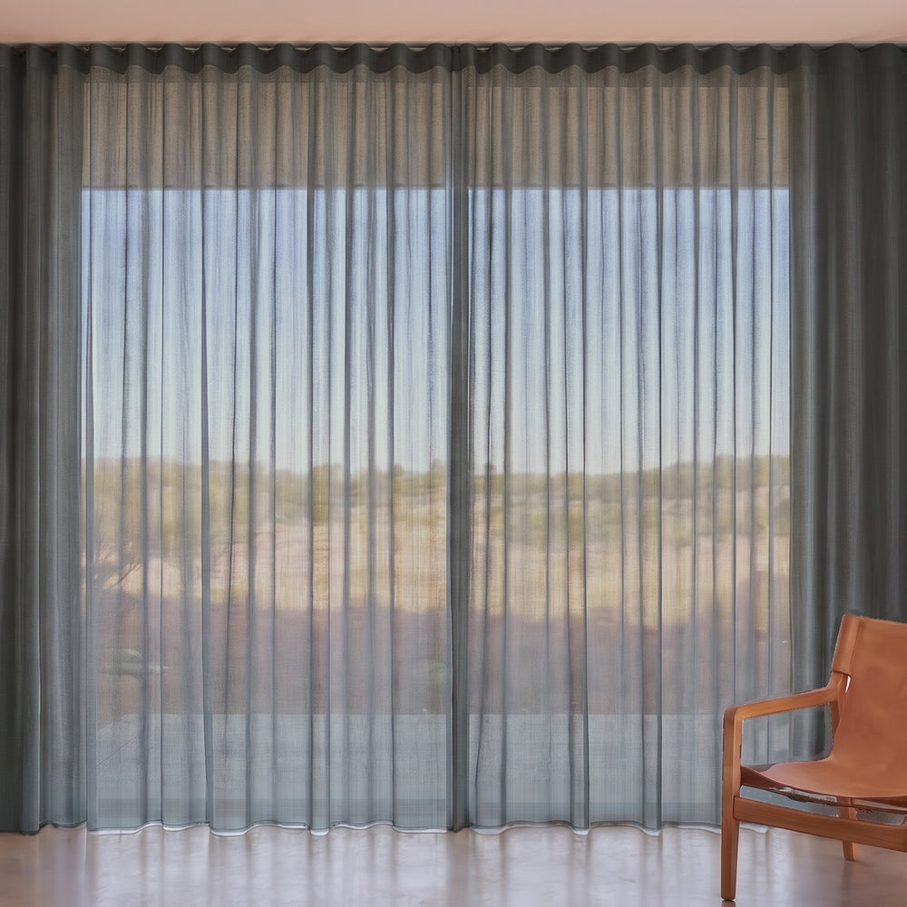 Pilbara Sheer Curtain in Volcanic, S-fold on a ceiling track