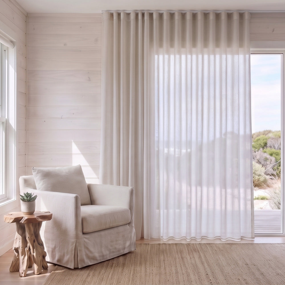 Prevelly Sheer Curtain in Blush, S-fold on a ceiling track