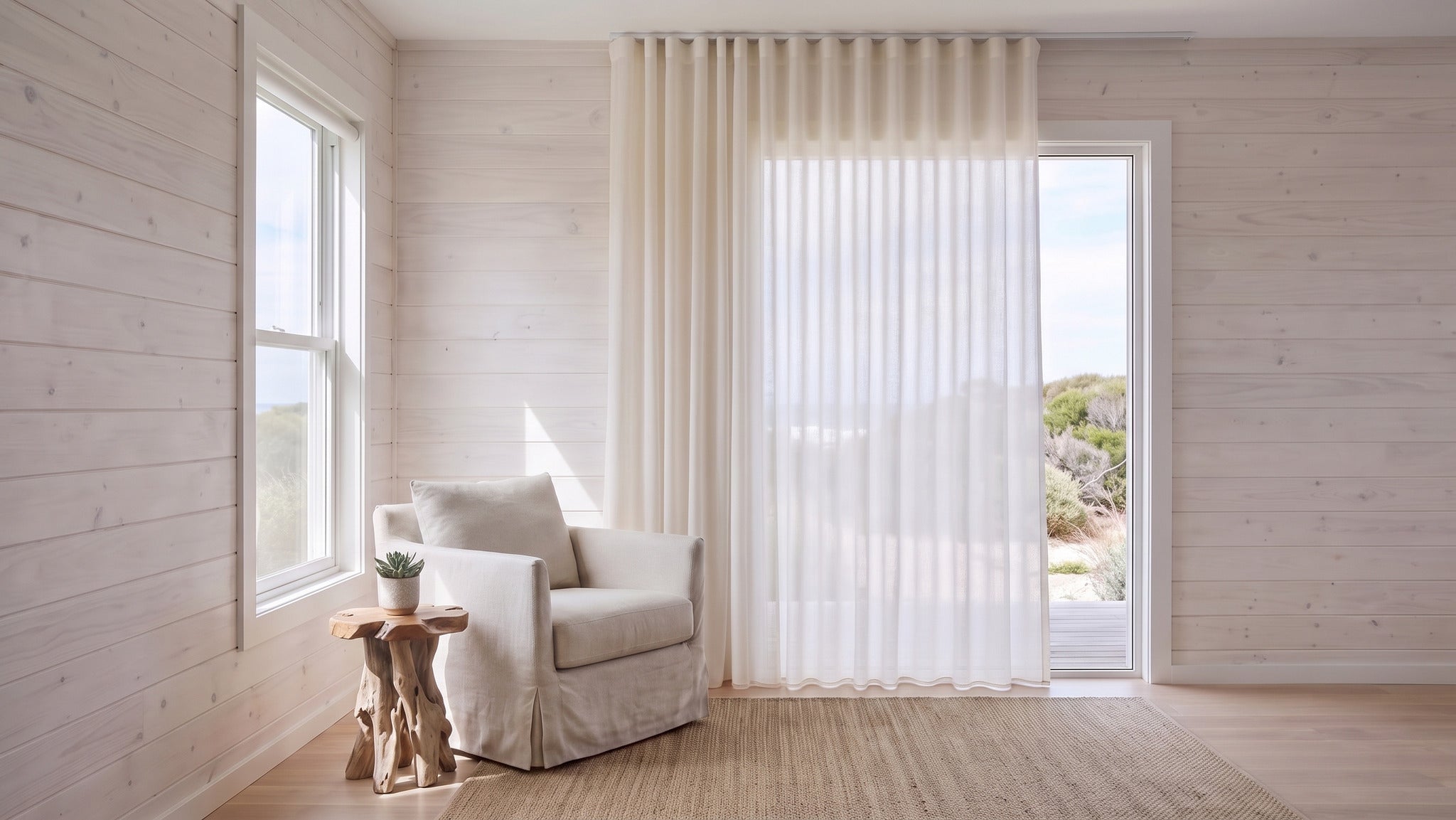 Prevelly Sheer Curtain in Porcelain, S-fold on a ceiling track