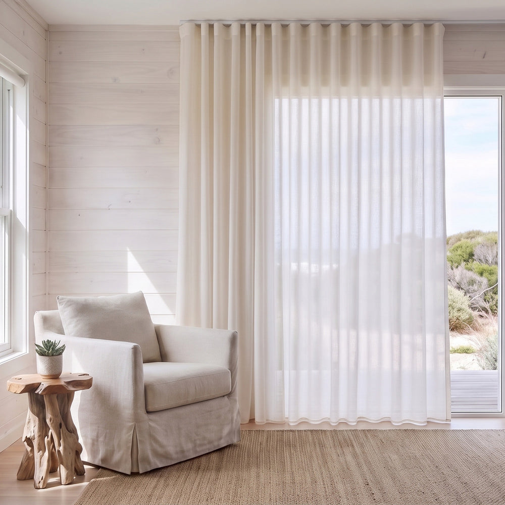 Prevelly Sheer Curtain in Porcelain, S-fold on a ceiling track