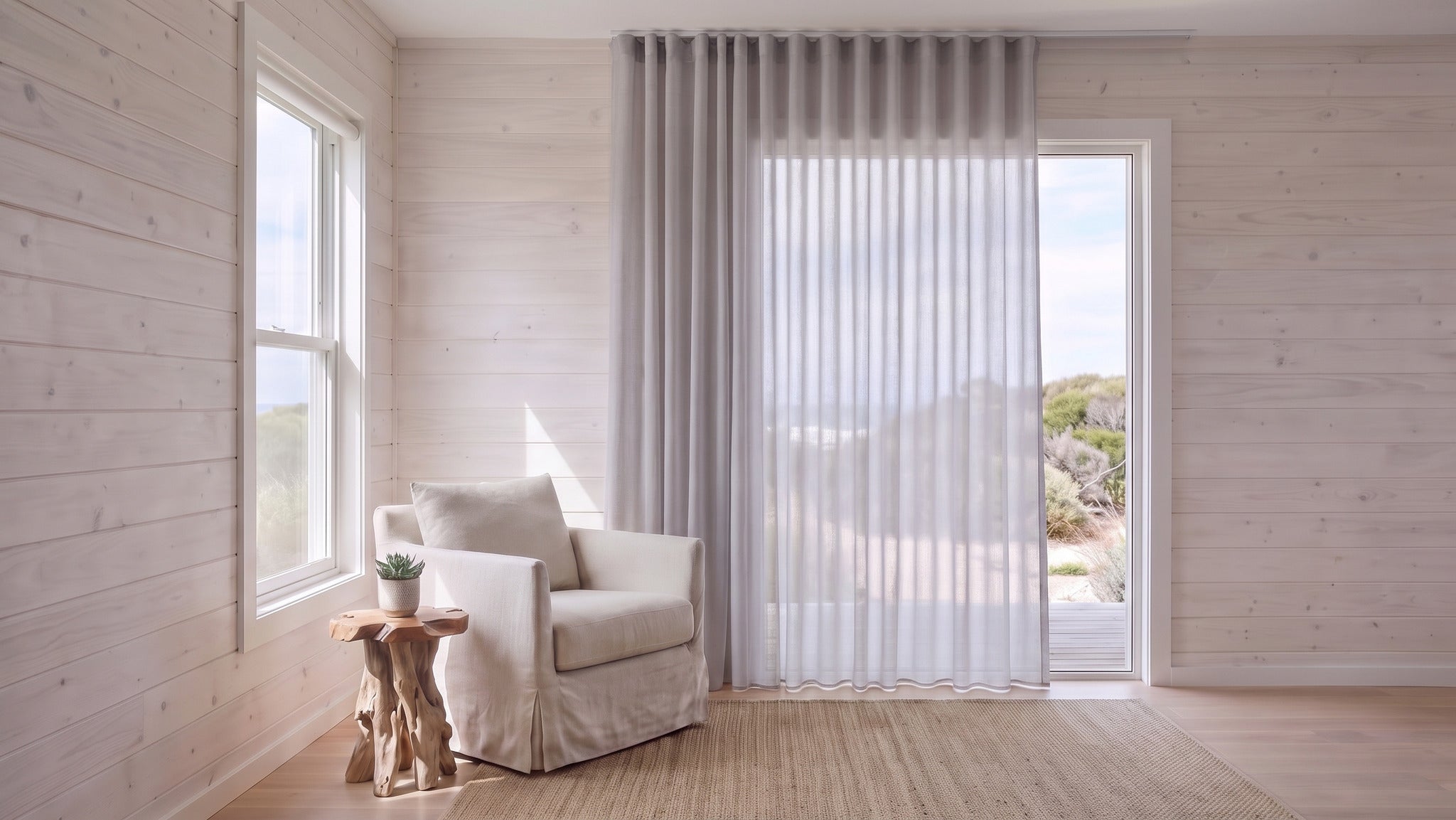 Prevelly Sheer Curtain in Storm, S-fold on a ceiling track