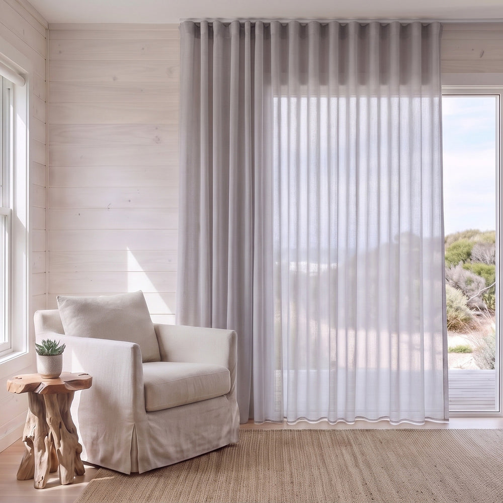 Prevelly Sheer Curtain in Storm, S-fold on a ceiling track