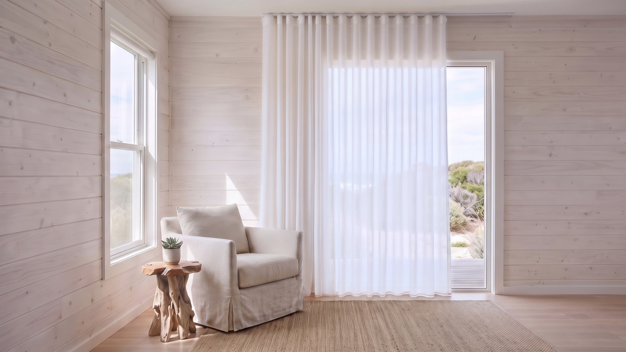 Prevelly Sheer Curtain in White, S-fold on a ceiling track