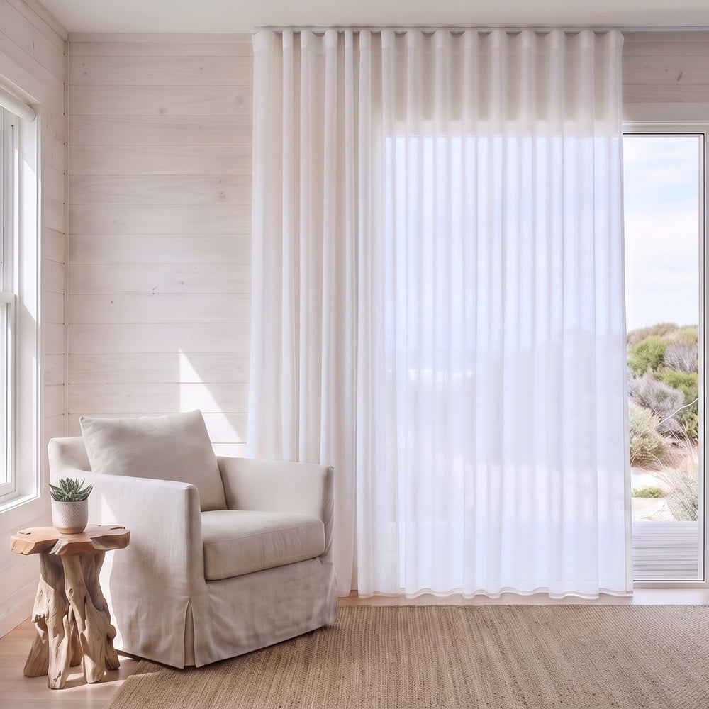 Prevelly Sheer Curtain in White, S-fold on a ceiling track