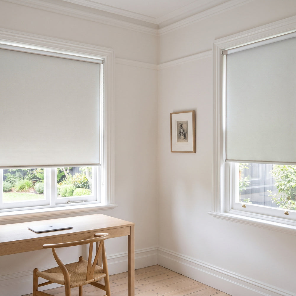 Quest Blockout Roller Blind in Candle, recess fitted in a study window