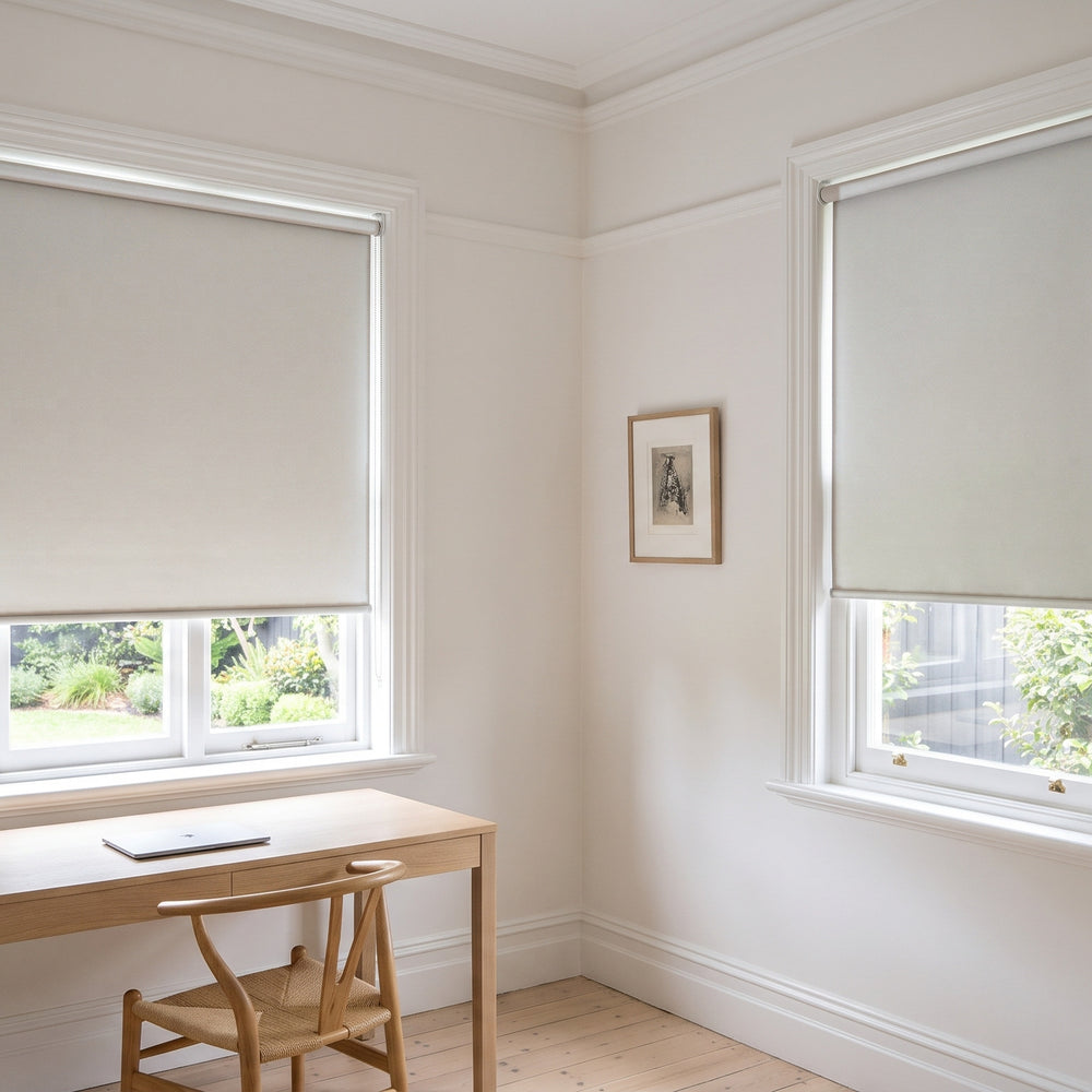 Quest Blockout Roller Blind in Chalk, recess fitted in a study window