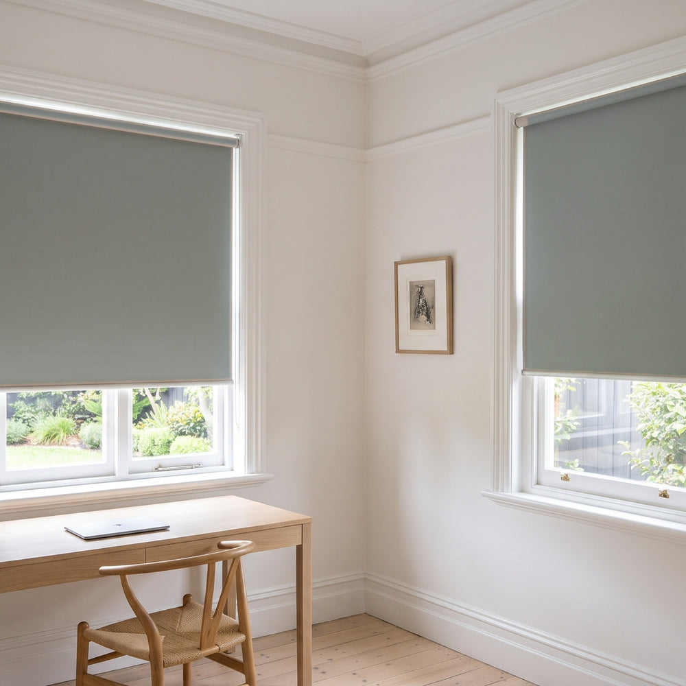 Quest Blockout Roller Blind in Desert, recess fitted in a study window