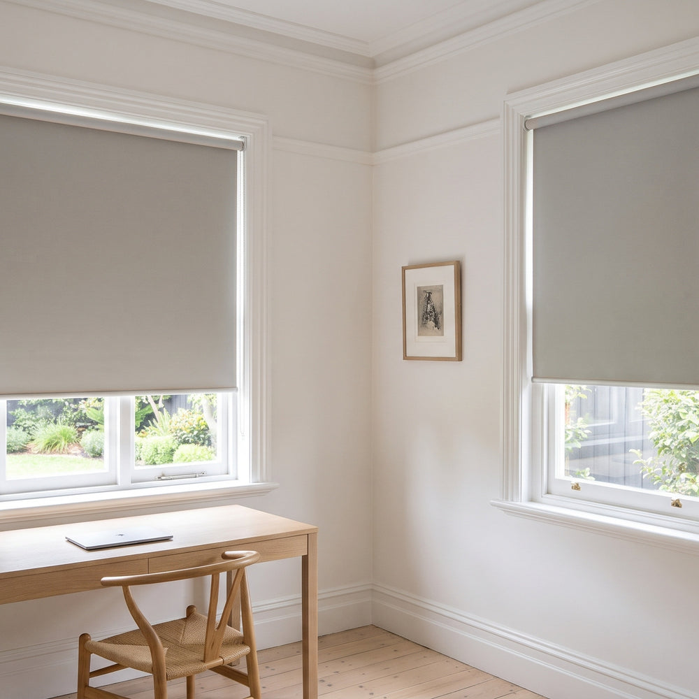 Quest Blockout Roller Blind in Jute, recess fitted in a study window