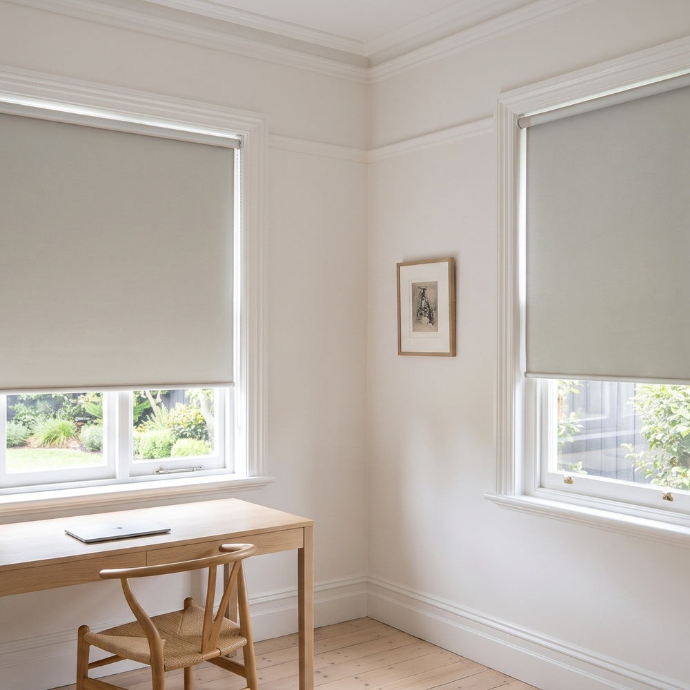 Quest Blockout Roller Blind in Mushroom, recess fitted in a study window