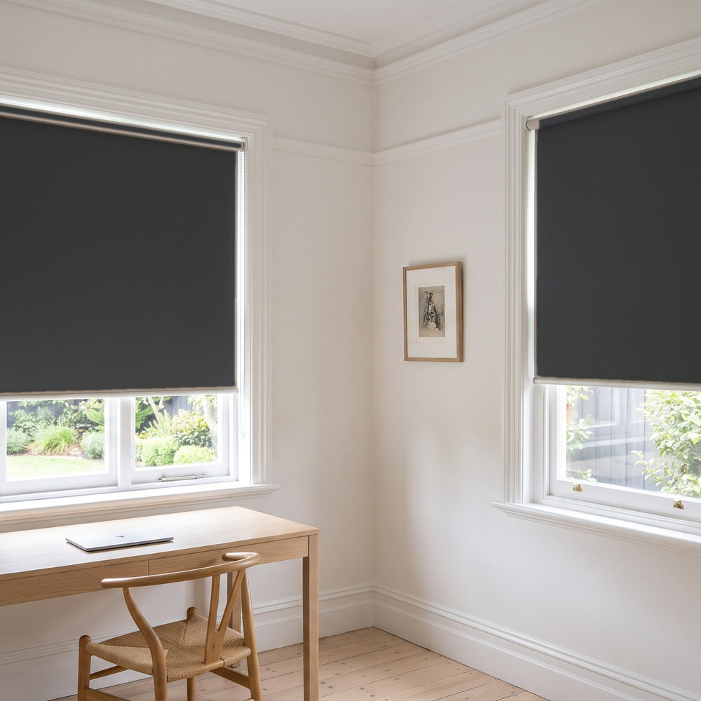 Quest Blockout Roller Blind in Sable, recess fitted in a study window