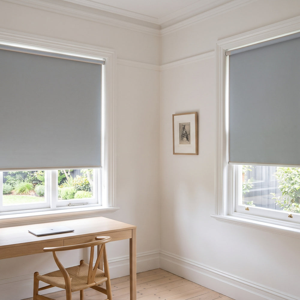 Quest Blockout Roller Blind in Silk, recess fitted in a study window