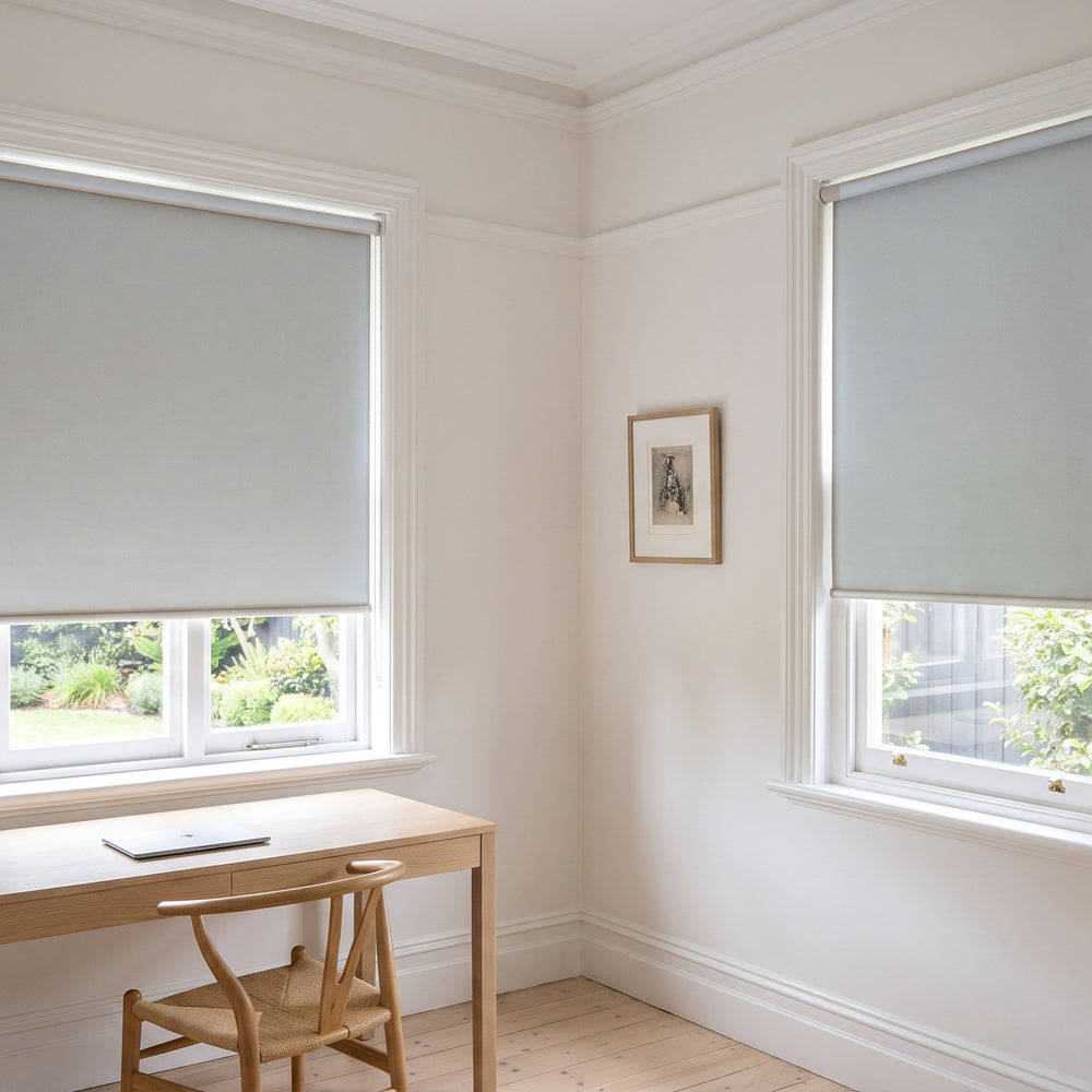 Quest Blockout Roller Blind in Tin, recess fitted in a study window
