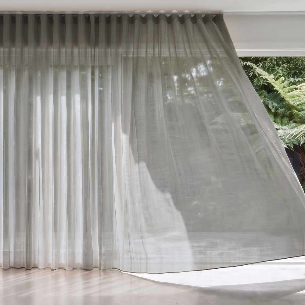 Rejuvenate Sheer Curtain in Marble, S-fold on a ceiling track