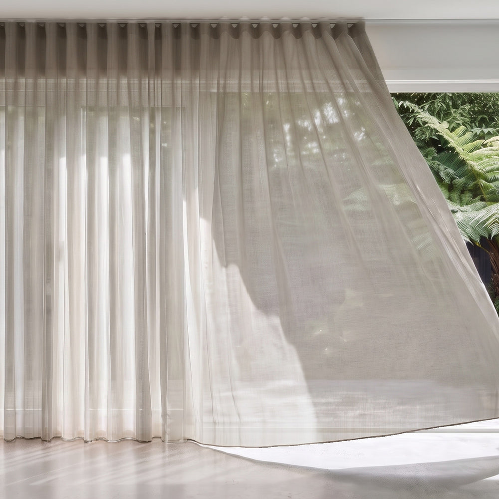 Rejuvenate Sheer Curtain in Paperbark, S-fold on a ceiling track