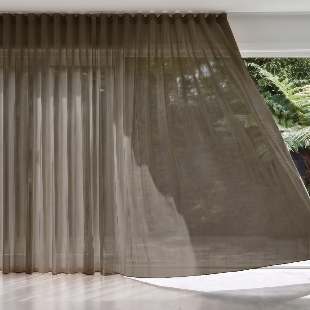 Rejuvenate Sheer Curtain in Shadow, S-fold on a ceiling track
