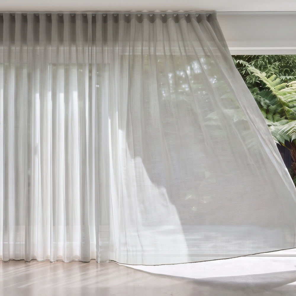 Rejuvenate Sheer Curtain in Storm, S-fold on a ceiling track