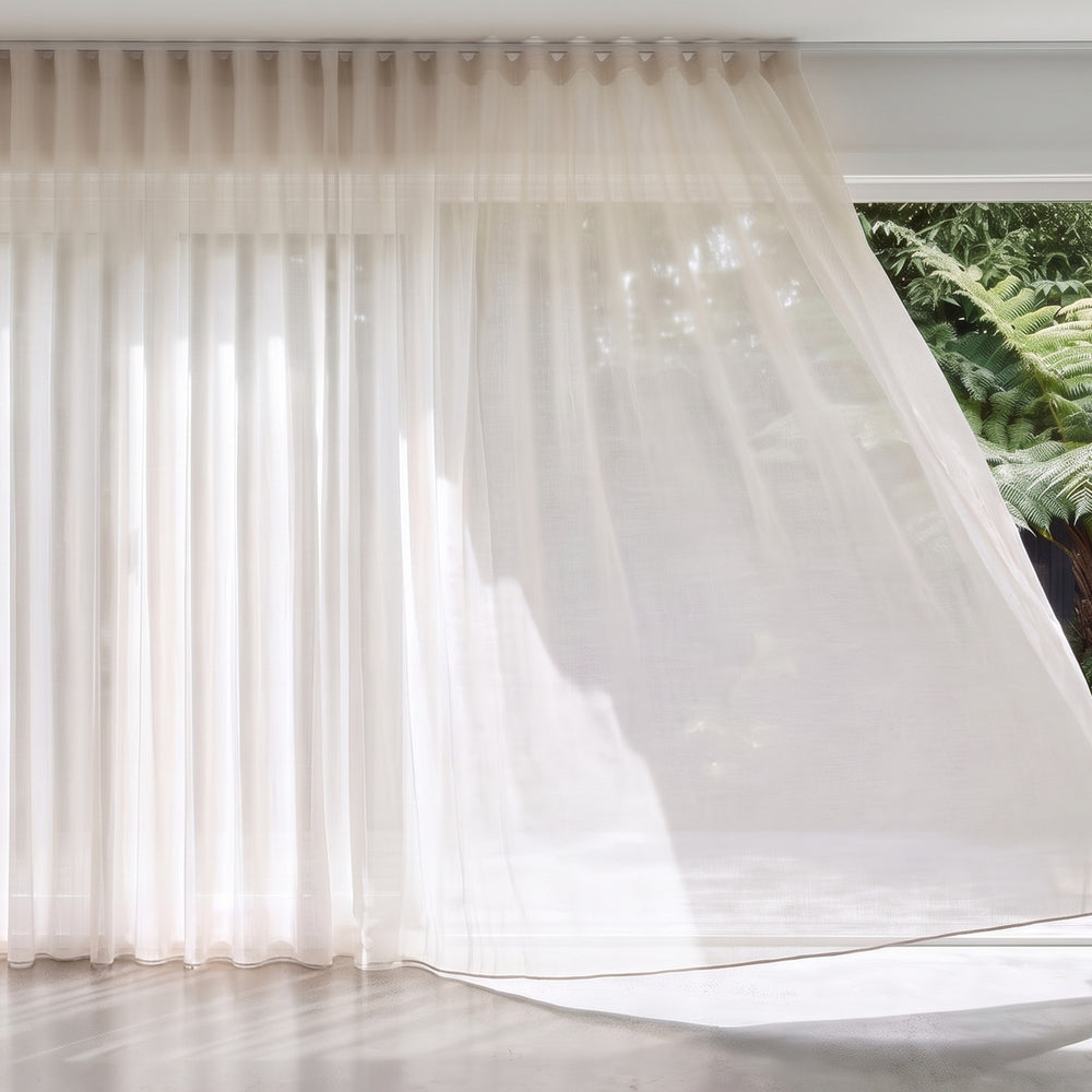 Rejuvenate Sheer Curtain in Whisper, S-fold on a ceiling track