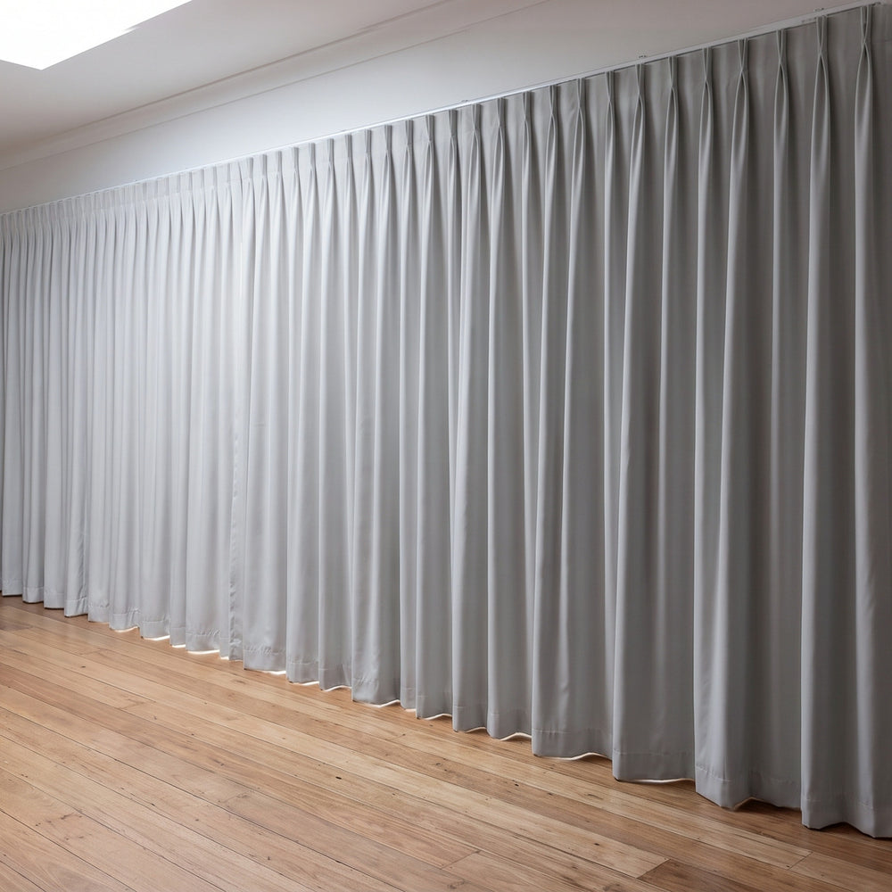Simplicity Blockout Curtain in Ash, twin pleat on a ceiling track