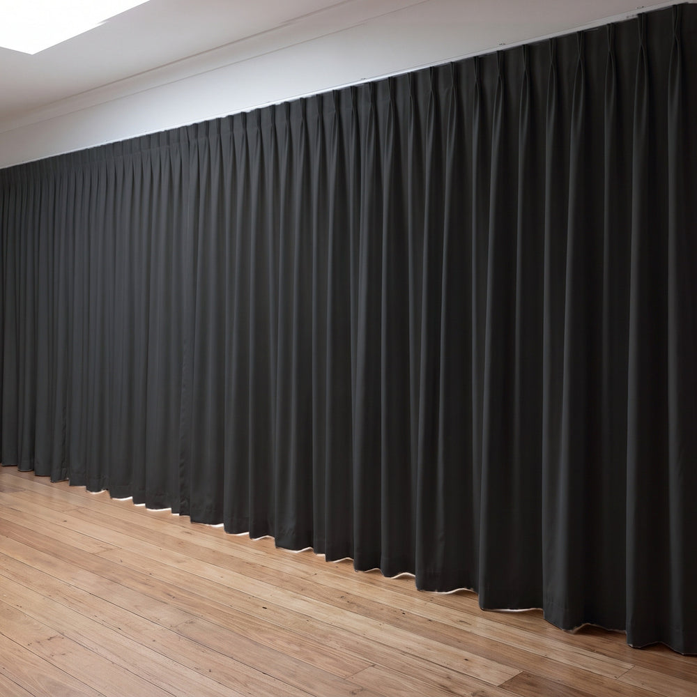 Simplicity Blockout Curtain in Black, twin pleat on a ceiling track