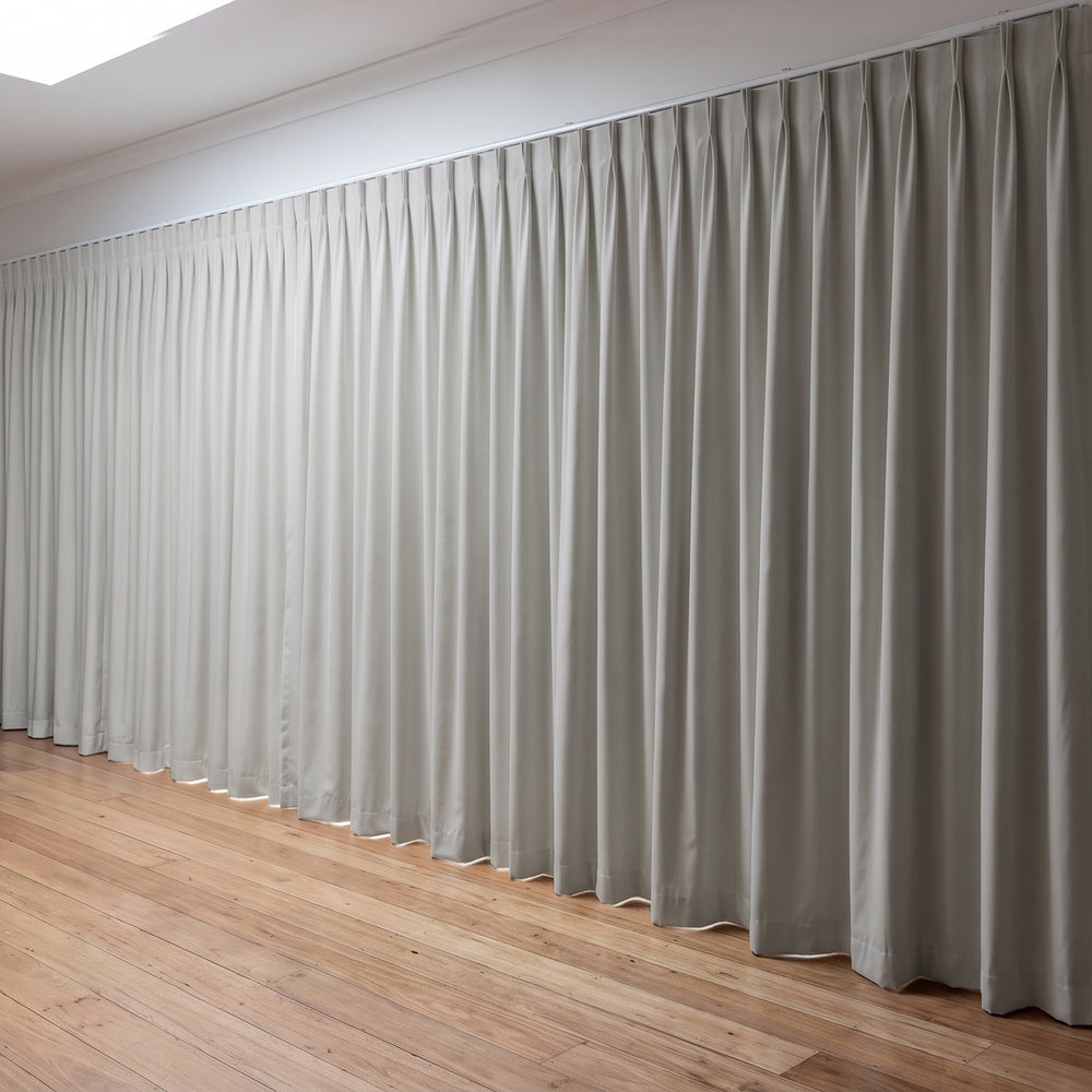 Simplicity Blockout Curtain in Cargo, twin pleat on a ceiling track