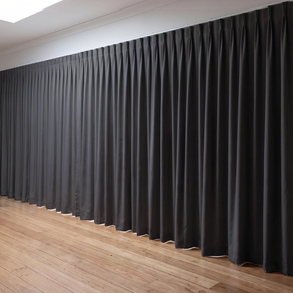 Simplicity Blockout Curtain in Cinder, twin pleat on a ceiling track