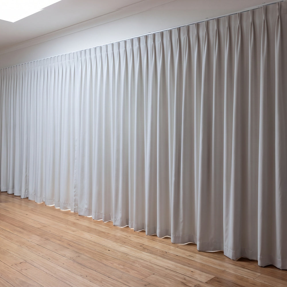 Simplicity Blockout Curtain in Ivory, twin pleat on a ceiling track