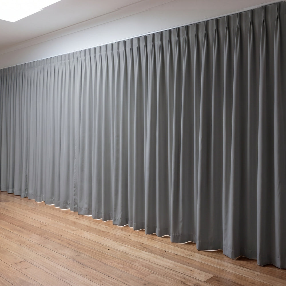Simplicity Blockout Curtain in Moonshine, twin pleat on a ceiling track