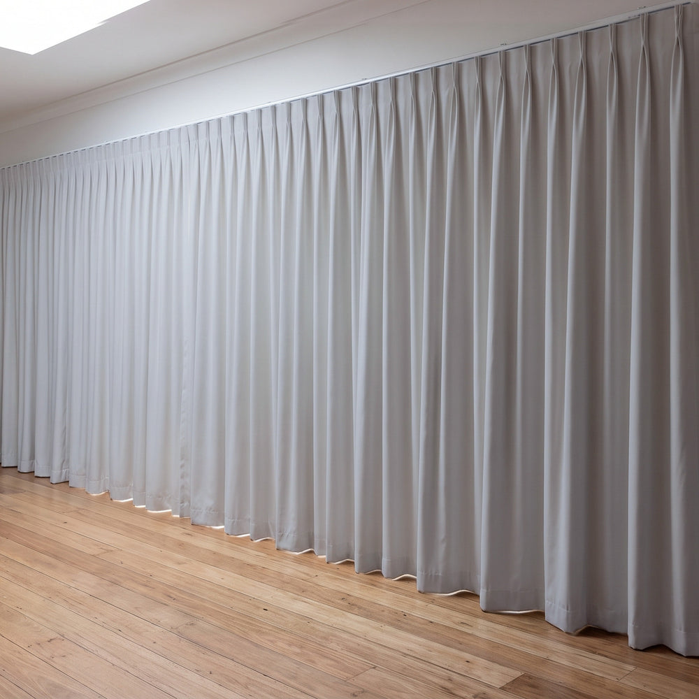 Simplicity Blockout Curtain in Silver, twin pleat on a ceiling track