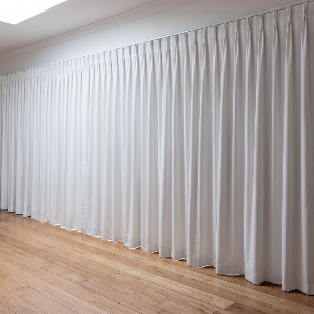 Simplicity Blockout Curtain in White, twin pleat on a ceiling track