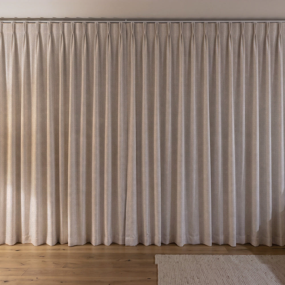 Weylands Blockout Curtain in Birch, twin pleat on a ceiling track