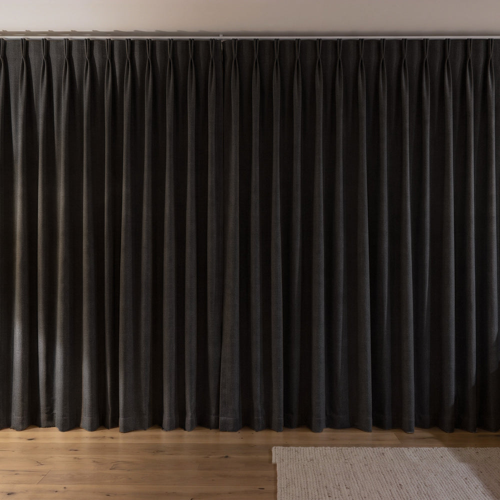 Weylands Blockout Curtain in Cinder, twin pleat on a ceiling track