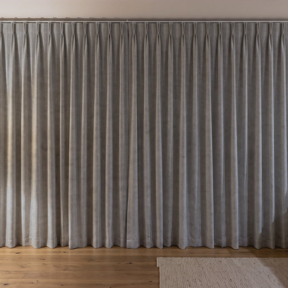 Weylands Blockout Curtain in Duckegg, twin pleat on a ceiling track