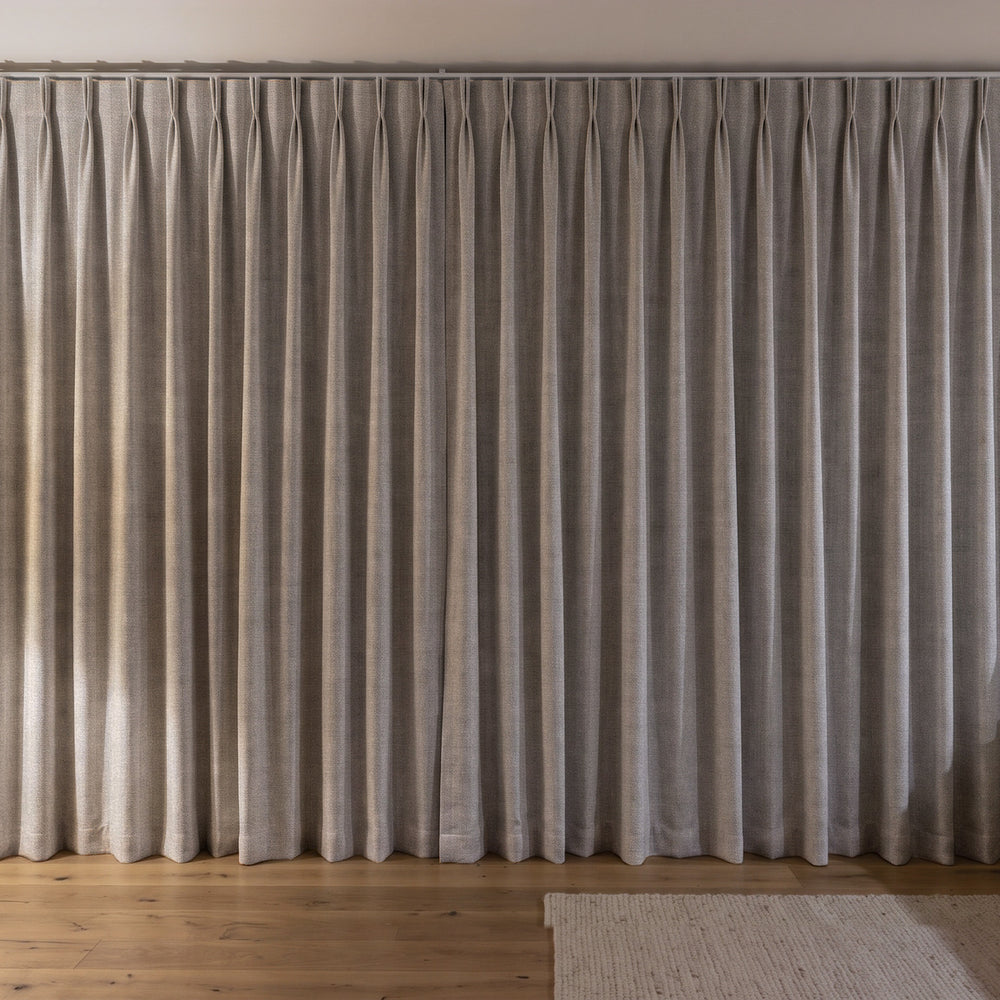 Weylands Blockout Curtain in Fawn, twin pleat on a ceiling track