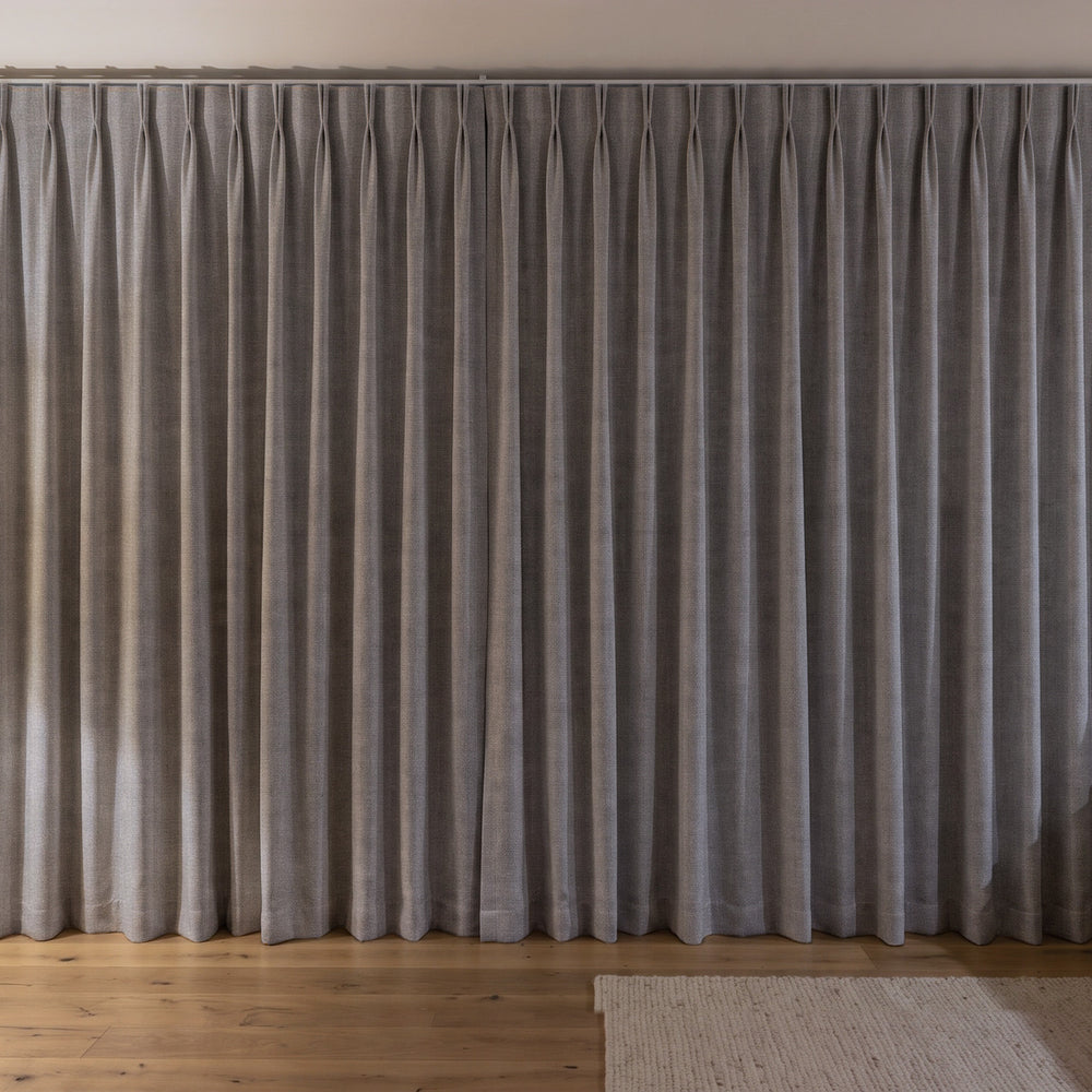 Weylands Blockout Curtain in Steel, twin pleat on a ceiling track